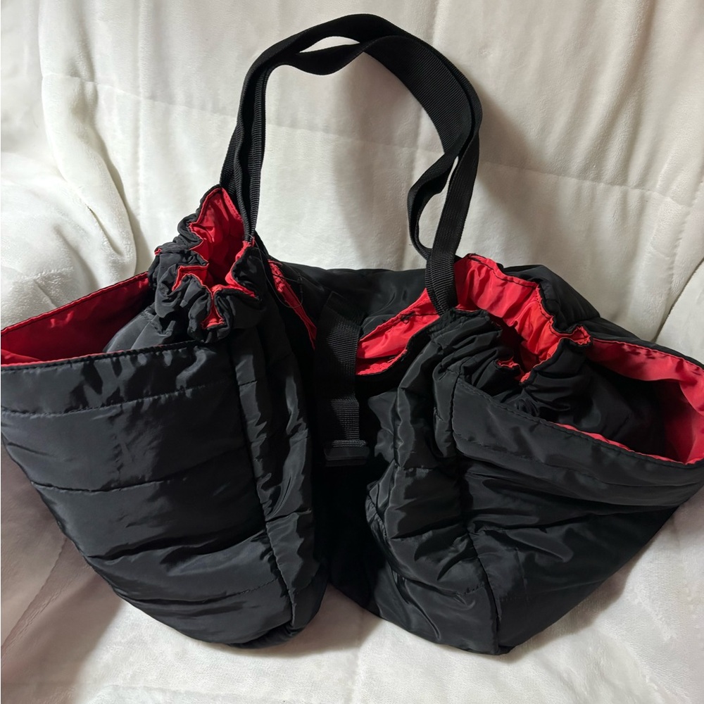 Black Red Puffer Tote Bag Nylon Large Shoulder Gym Travel Lightweight Drawstring